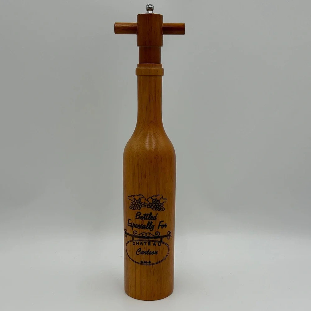 Chateau Carlson Wood Pepper Mill Grinder Vintage Brown Wine Bottle Shape 14 In